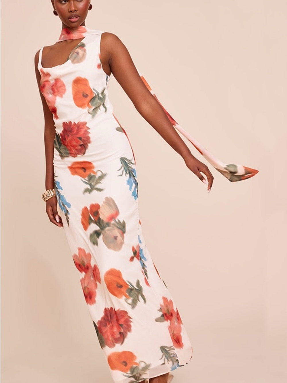 White Floral Print Chiffon Scarf Maxi Dress